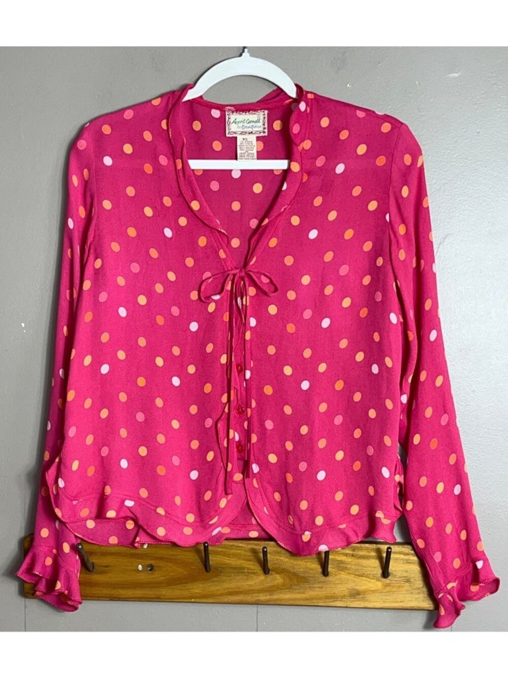 Vtg Rare April Cornell Top Pink Polka Dot Button Ties Twee Flutter Ruffles Wm XS - Picture 7 of 10